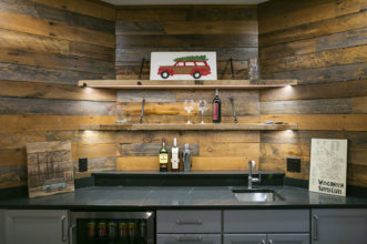 wetbar with barnboard accent wall