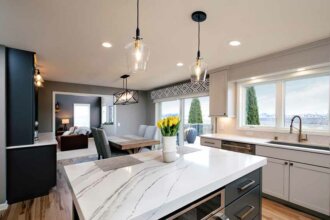 kitchen with pendant lighting and gray island